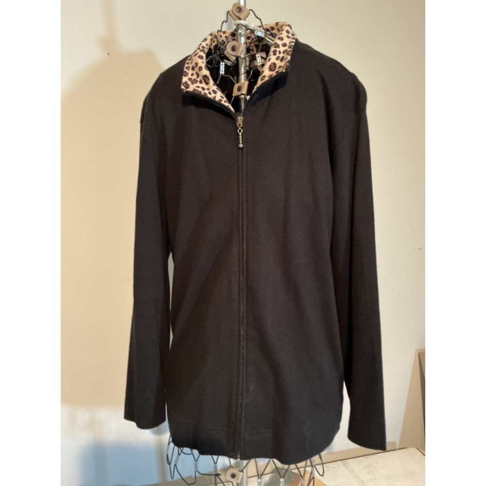 Studio Works Womens Black Cotton Full Zip Cardigan Jacket Leopard Collar Large